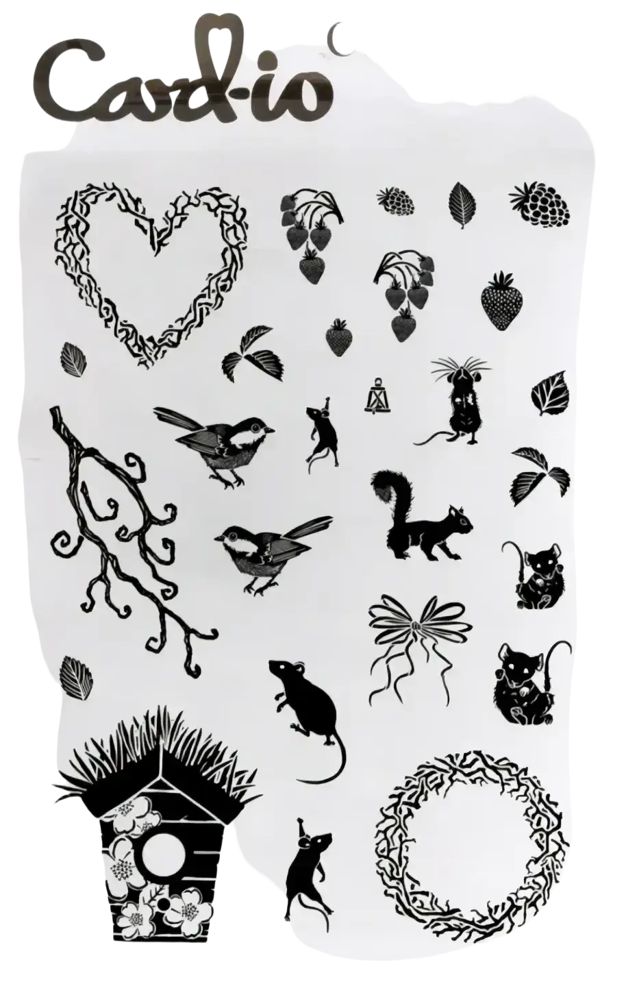 Nature forest clear stamp set featuring black ink designs of birds animals berries leaves and a birdhouse on white background