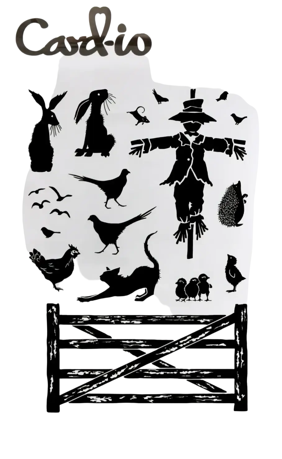 Black silhouette clear stamp set featuring farm animals scarecrow and gate for nature forest scrapbooking