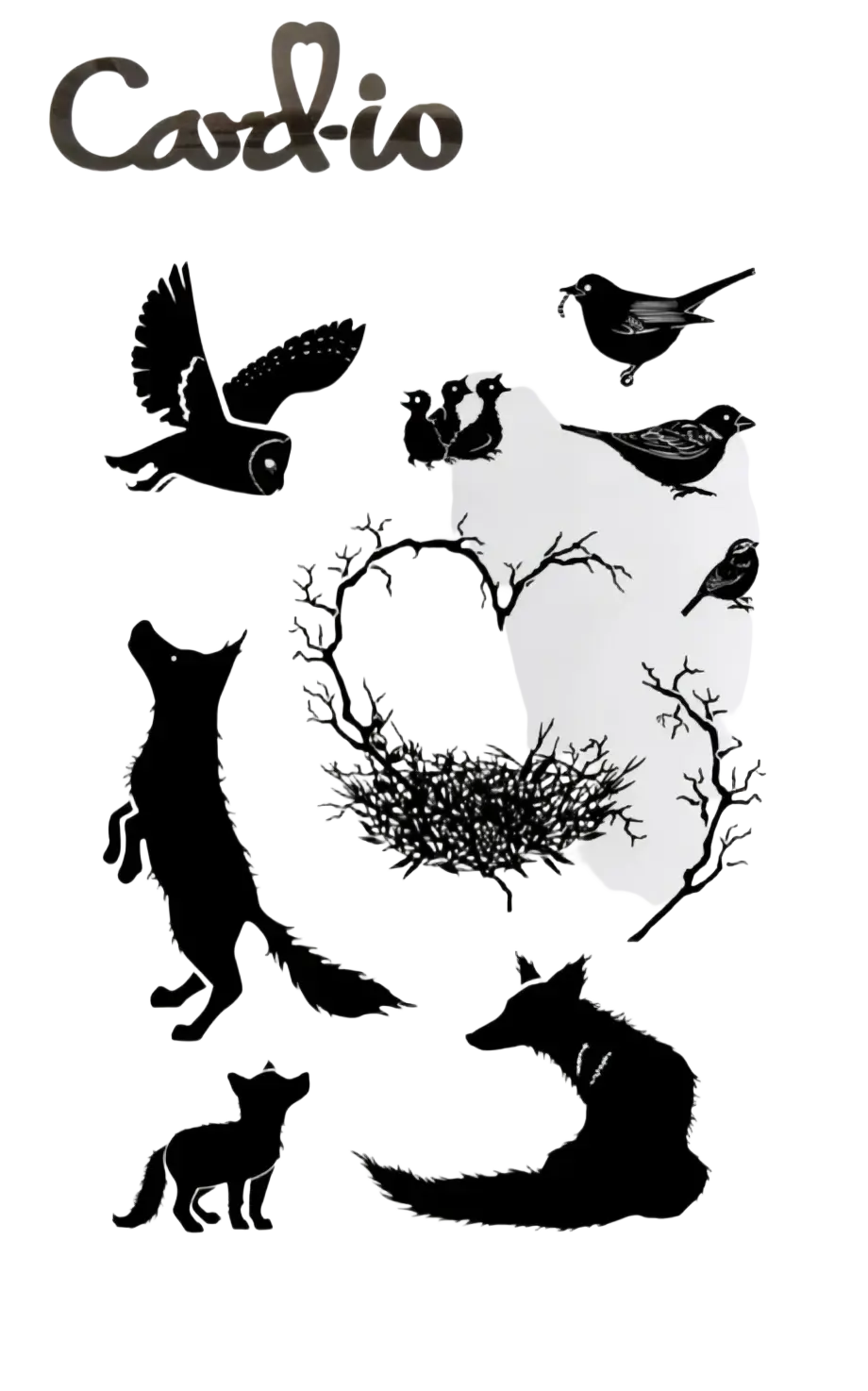 Nature forest clear stamp set with black silhouette birds foxes and heart shaped tree branch design for scrapbooking