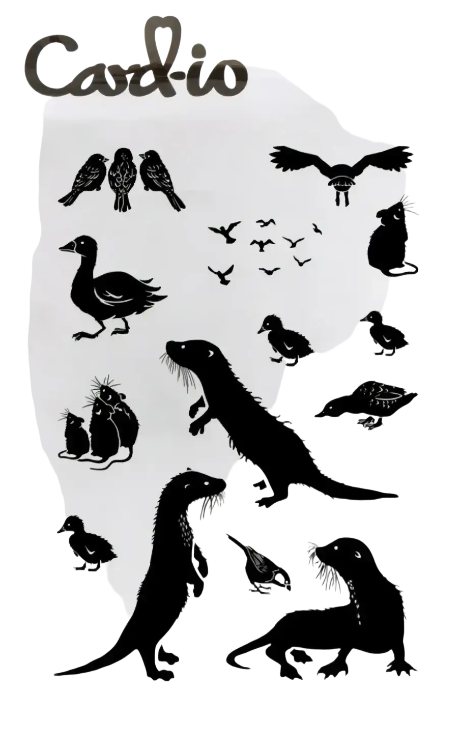 Black silhouette sticker sheet featuring birds ducks otters and dinosaur in nature forest clear stamp set for scrapbooking