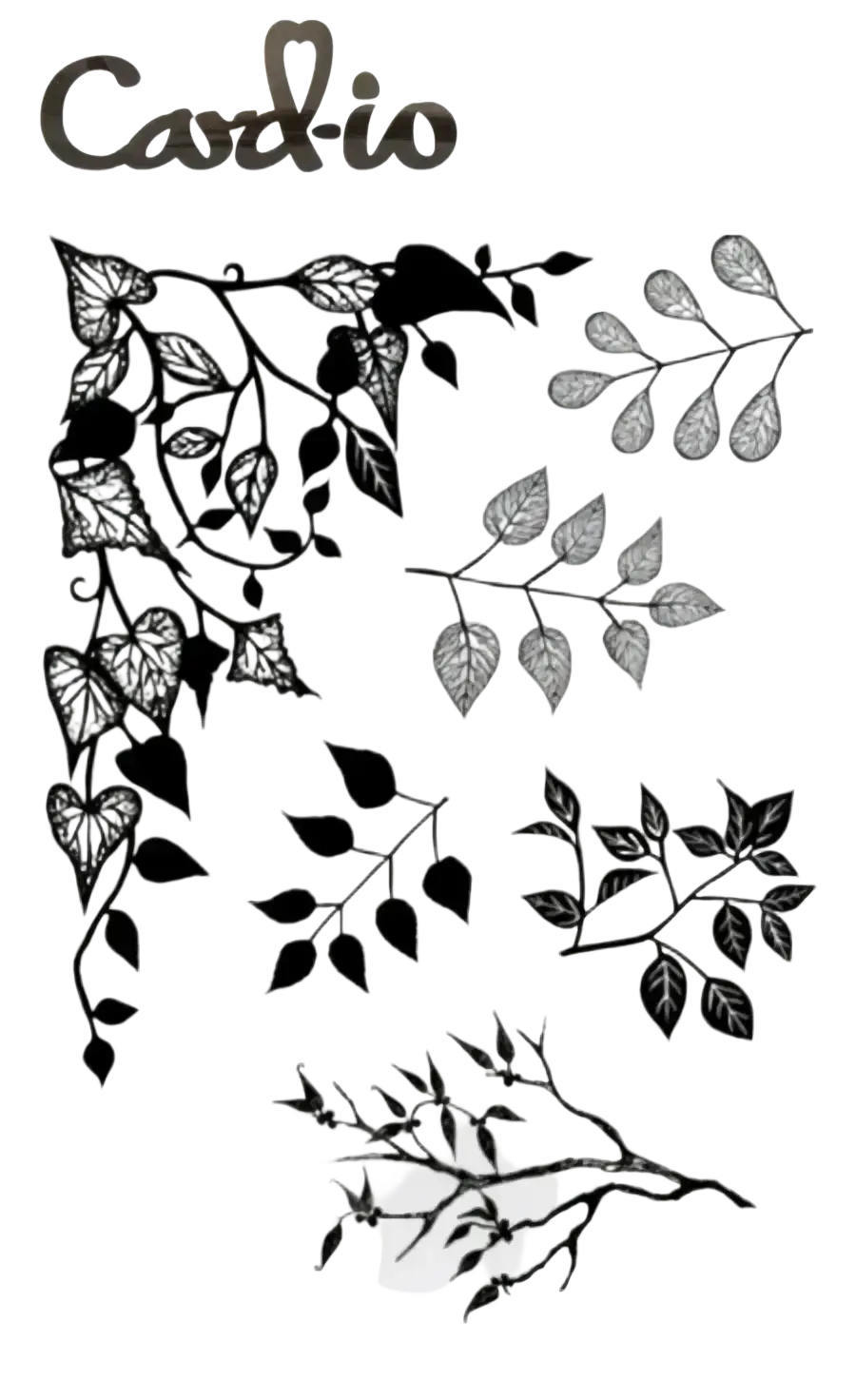 Black and silver leaf cutouts with intricate vein details from nature forest clear stamp set for scrapbooking use