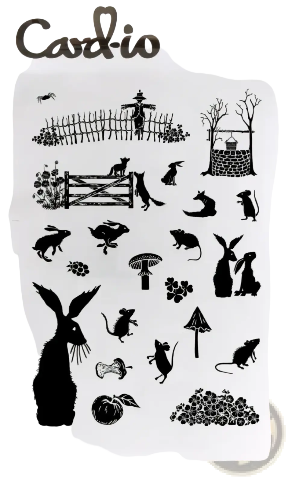 Black silhouette clear stamp set featuring farm animals woodland creatures and garden elements for scrapbooking