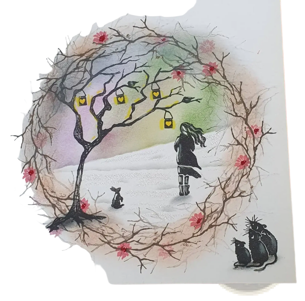 A whimsical illustrated greeting card with a bare tree pink blossoms and lanterns from nature forest clear stamp set