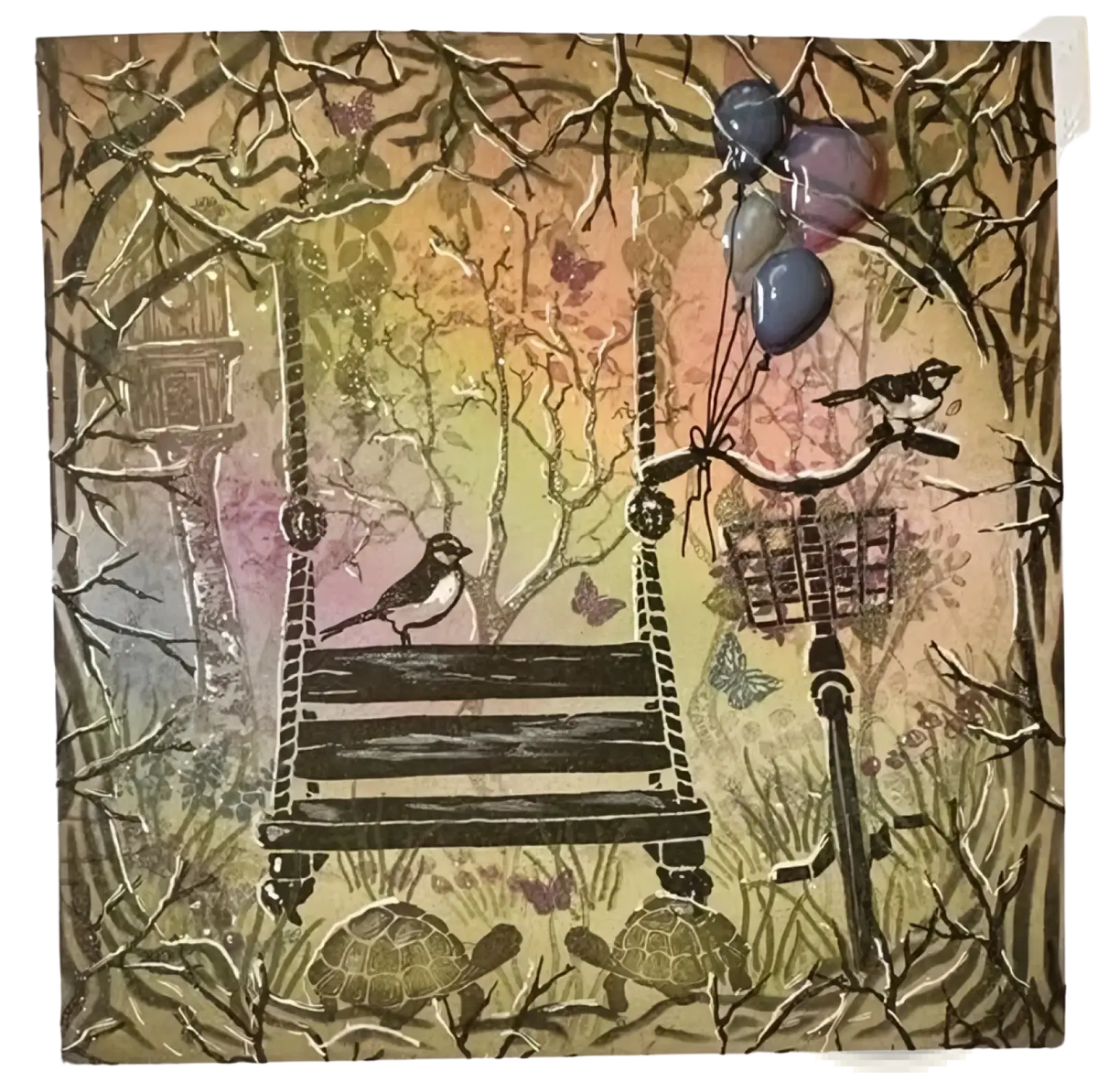 Whimsical wooden swing with bird on seat against illustrated trees and balloons in nature forest clear stamp set