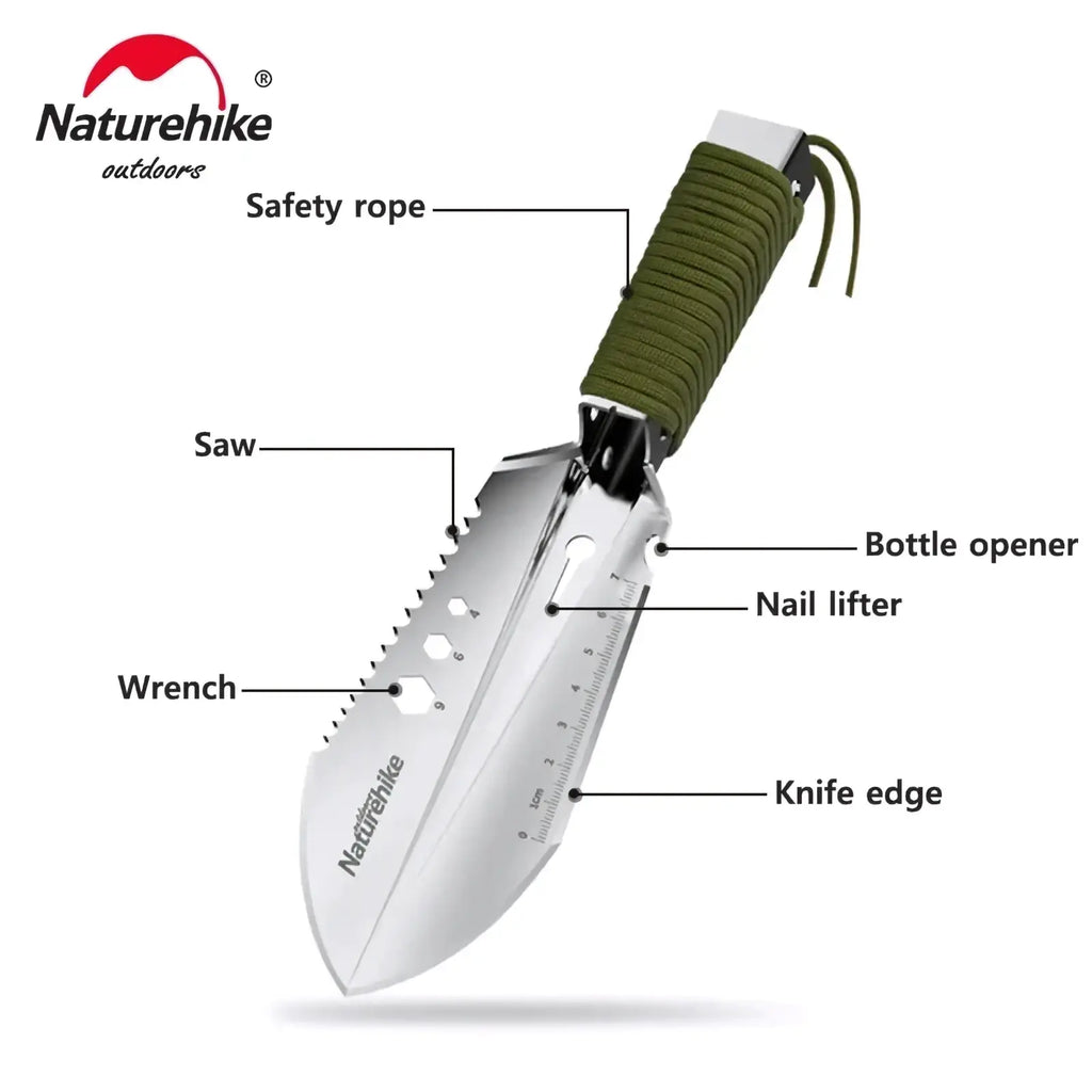Naturehike multifunctional camping shovel tactical tool with silver blade and olive green paracord wrapped handle