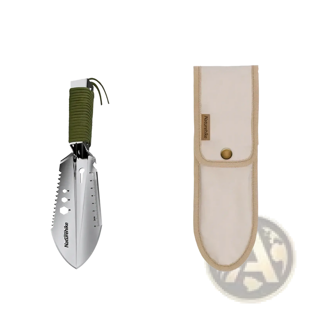 Naturehike multifunctional camping shovel tactical tool with silver metallic blade and olive green braided handle