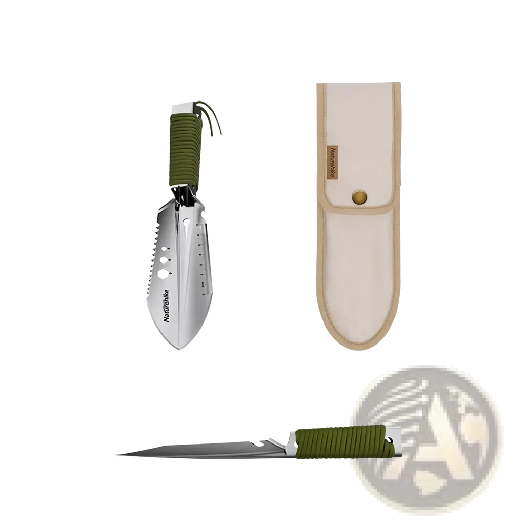 Naturehike multifunctional camping shovel tactical tool with silver blade olive green braided handle and beige sheath