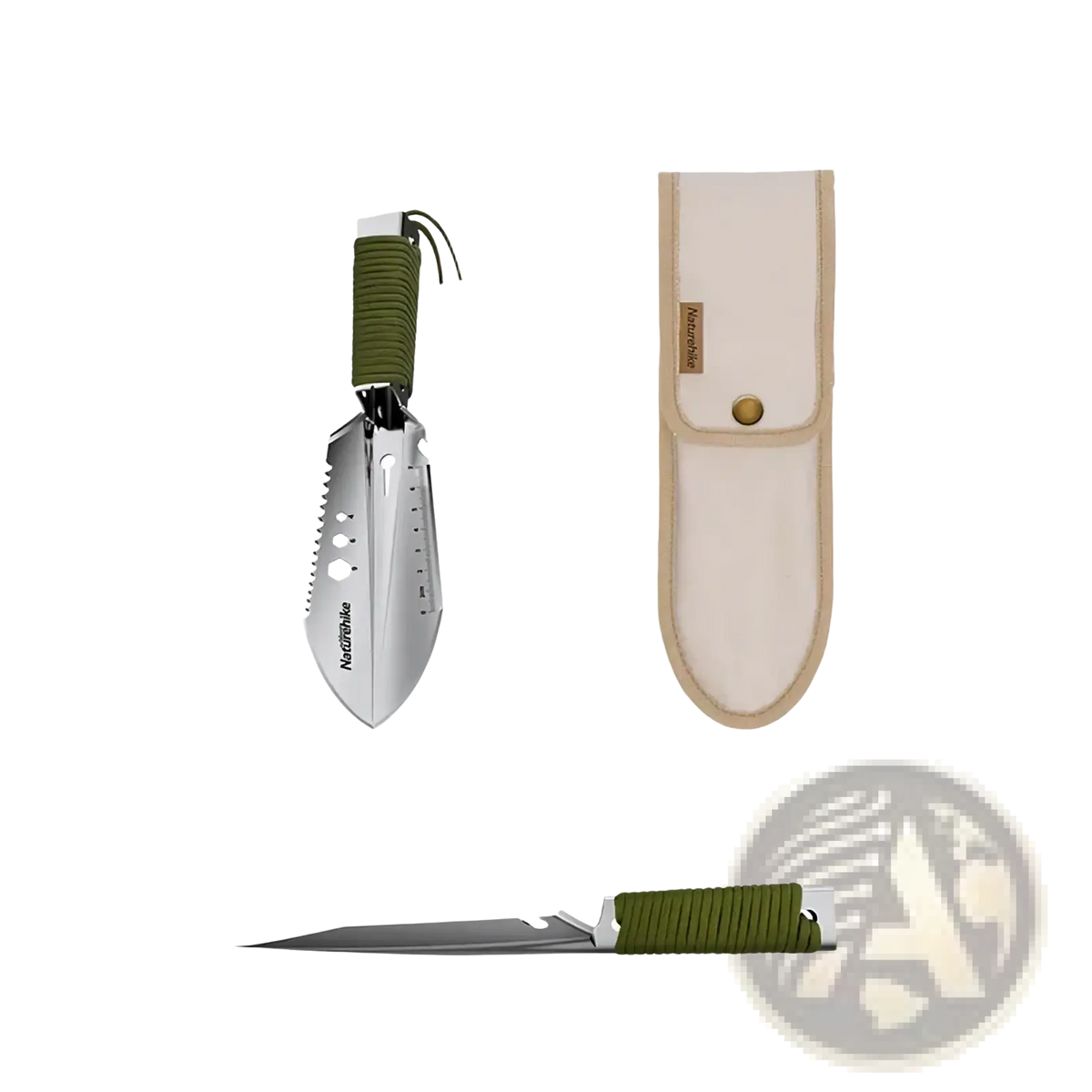 Naturehike multifunctional camping shovel tactical tool with silver blade olive green braided handle and beige sheath