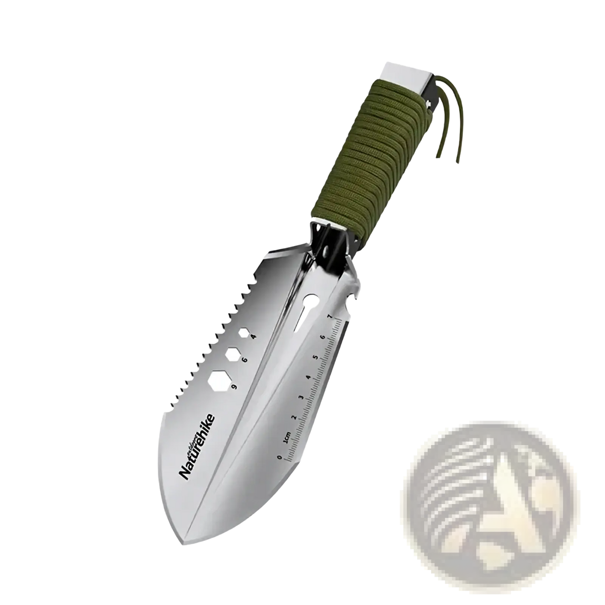 Naturehike multifunctional camping shovel silver multi-tool garden trowel with olive green paracord handle and serrated edge