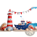 Red and white striped lighthouse with red lantern top featured in nautical birthday backdrop sailboat party decor