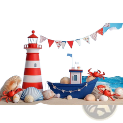Red and white striped lighthouse with red lantern top featured in nautical birthday backdrop sailboat party decor