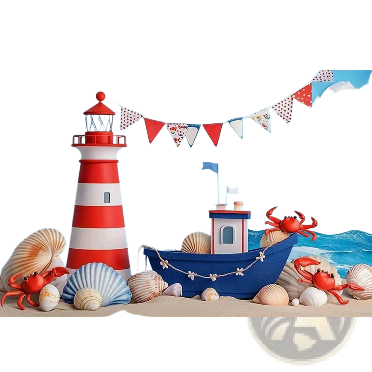 Red and white striped lighthouse with red lantern top featured in nautical birthday backdrop sailboat party decor