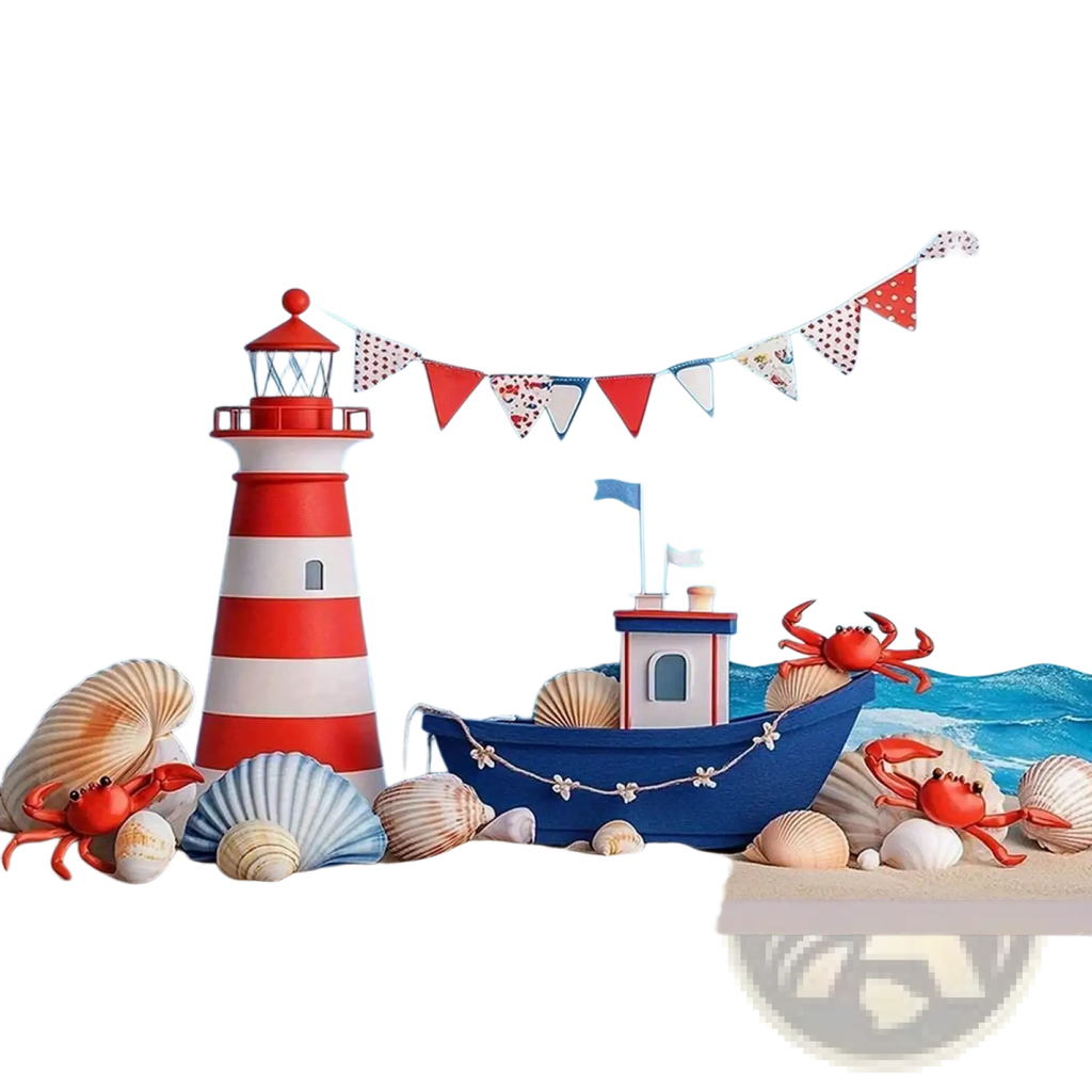 Nautical birthday backdrop featuring a red and white striped lighthouse with a red lantern top for party decor