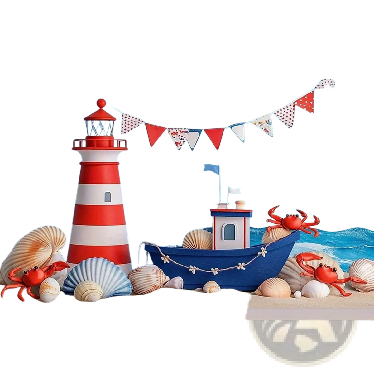 Nautical birthday backdrop featuring a red and white striped lighthouse with a red lantern top for party decor