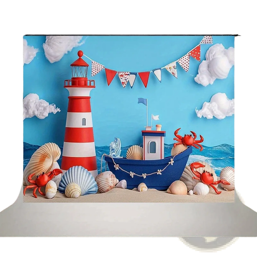 Red and white striped lighthouse with blue flag nautical birthday backdrop sailboat party decor against blue sky