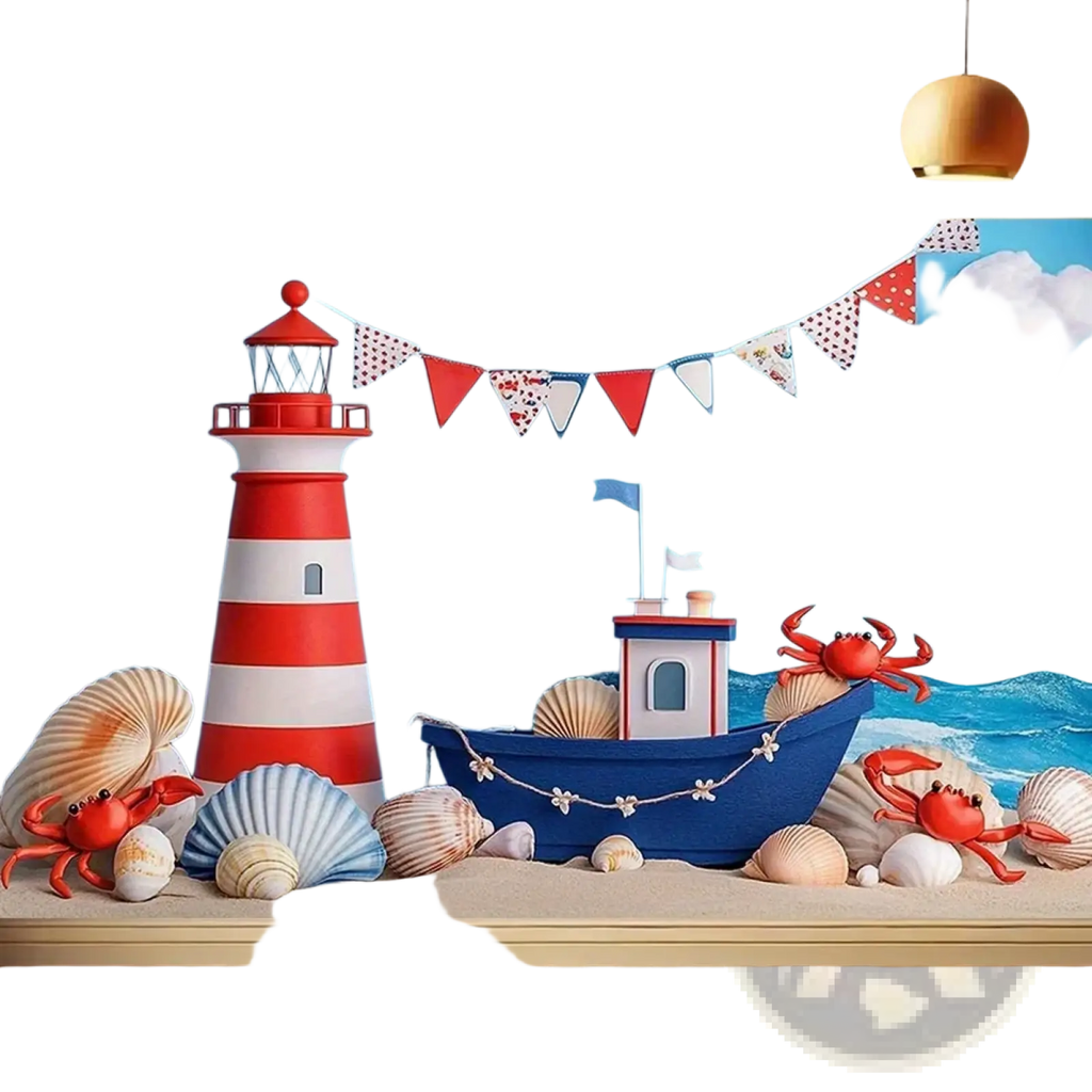 Red and white striped lighthouse backdrop with red lantern top for nautical birthday sailboat party decor