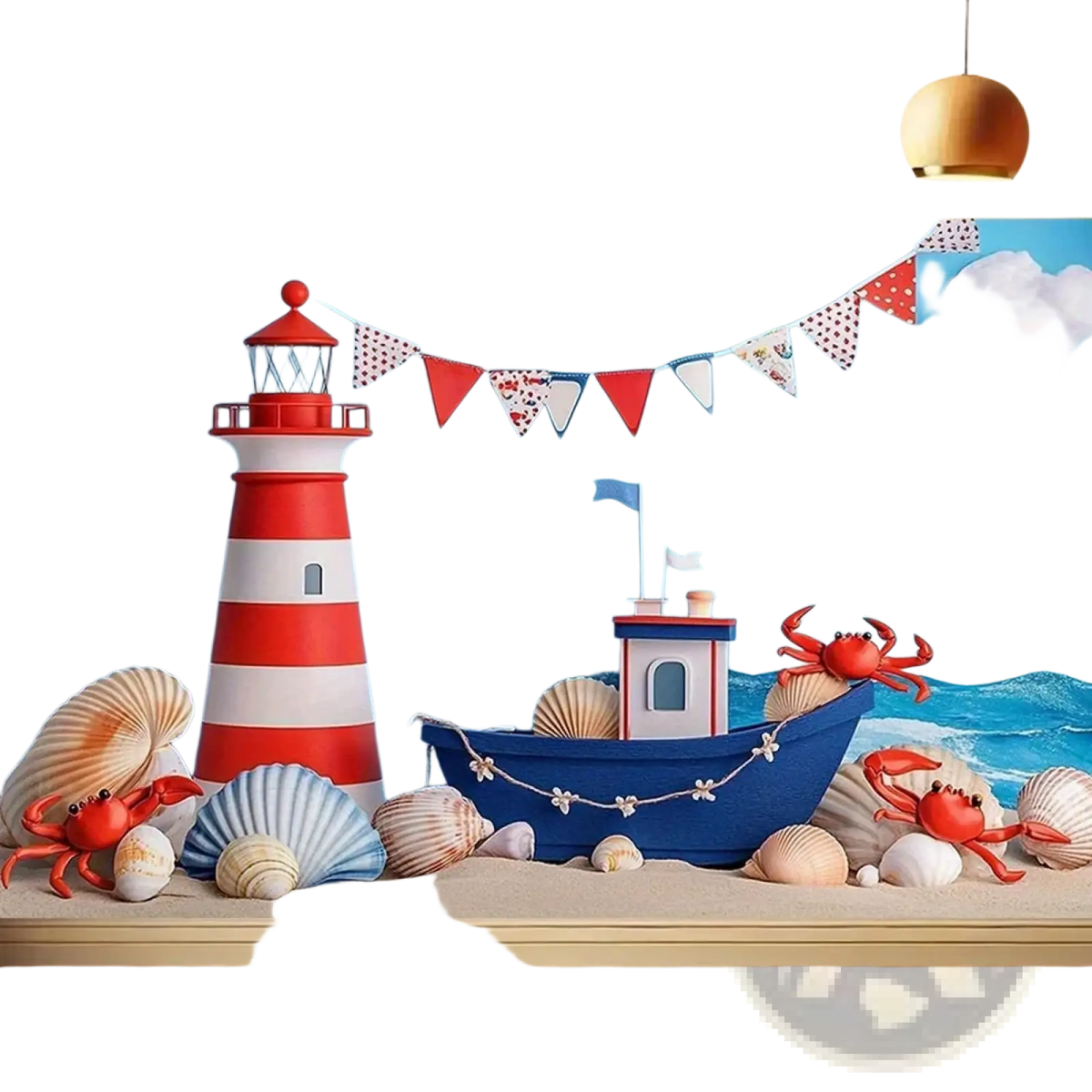 Red and white striped lighthouse backdrop with red lantern top for nautical birthday sailboat party decor