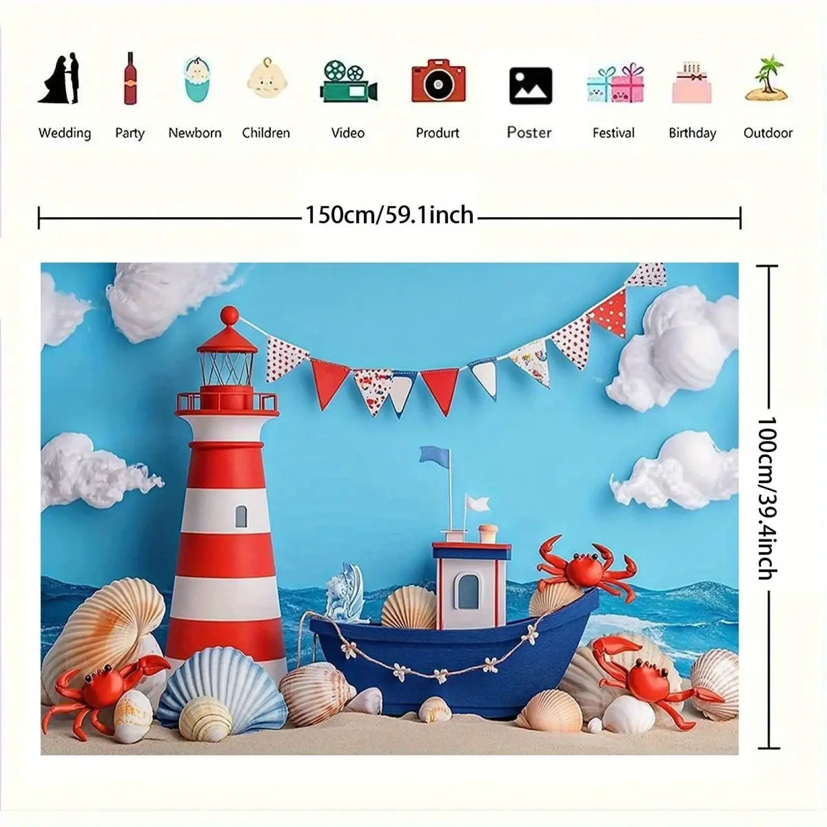 Nautical birthday backdrop featuring a red and white striped lighthouse and a blue sailboat party decor