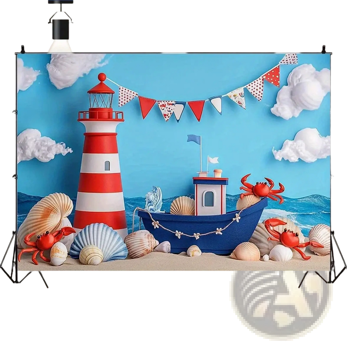 Nautical birthday backdrop featuring a red and white striped lighthouse, blue boat with flowers, seashells, and red crabs