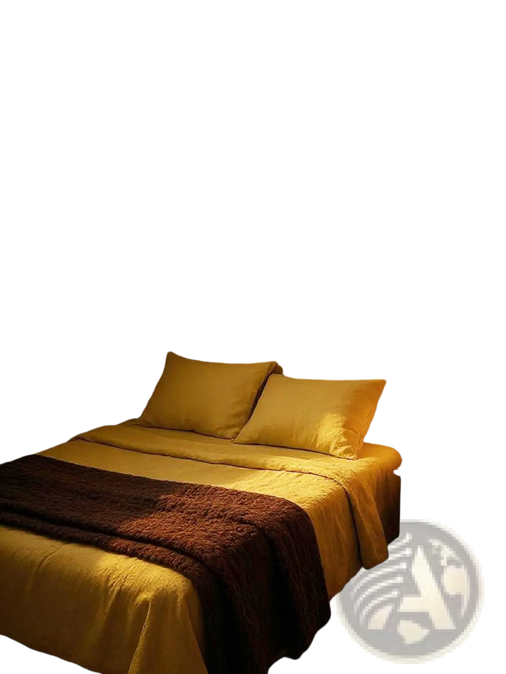 A warm-toned wooden bed with a yellow duvet and brown throw blanket in a room featuring nautical compass metal wall art decor