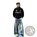 Black corduroy bomber jacket with gold embroidery and made in trends branding paired with navy blue cropped baseball jacket with fur collar