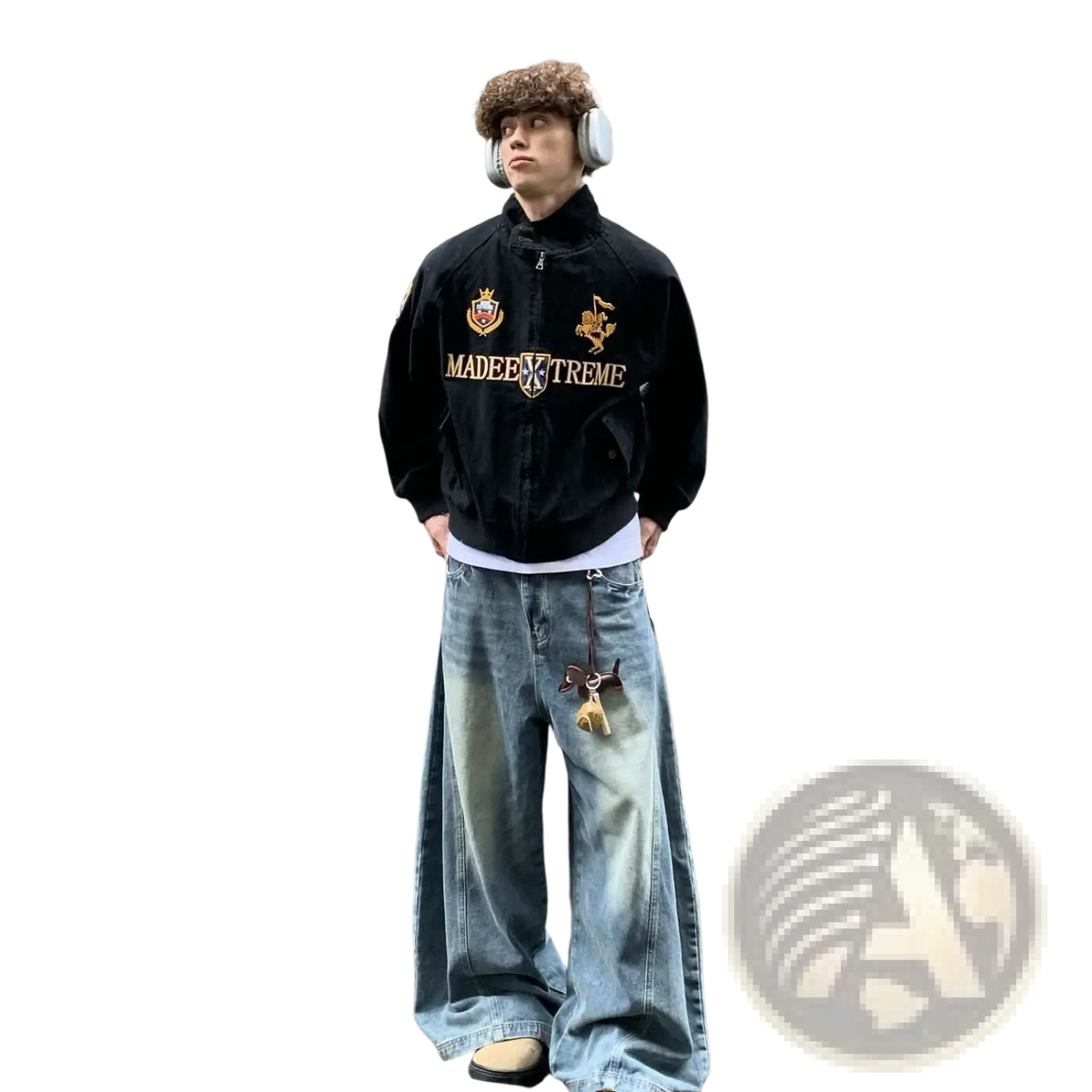 Black corduroy bomber jacket with gold embroidery and made in trends branding paired with navy blue cropped baseball jacket with fur collar