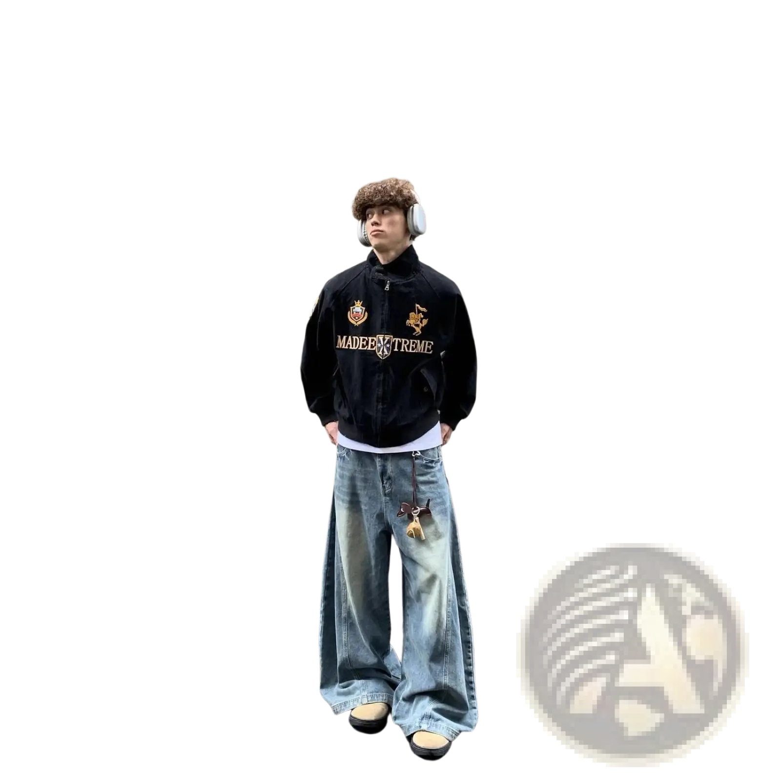 Black bomber jacket with gold embroidery and made extreme branding paired with navy blue cropped baseball jacket with fur collar