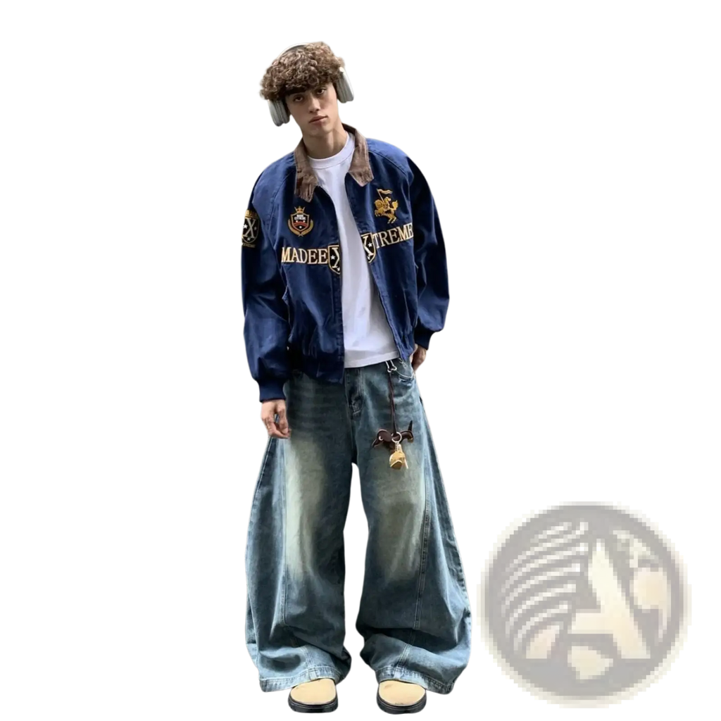Navy blue cropped baseball jacket with gold embroidery and brown fur collar accents in bomber style