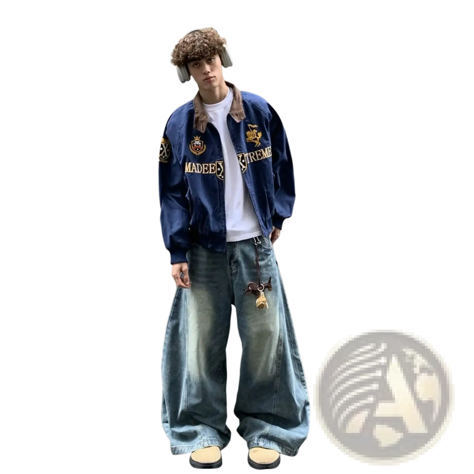 Navy blue cropped baseball jacket with gold embroidery and brown fur collar accents in bomber style