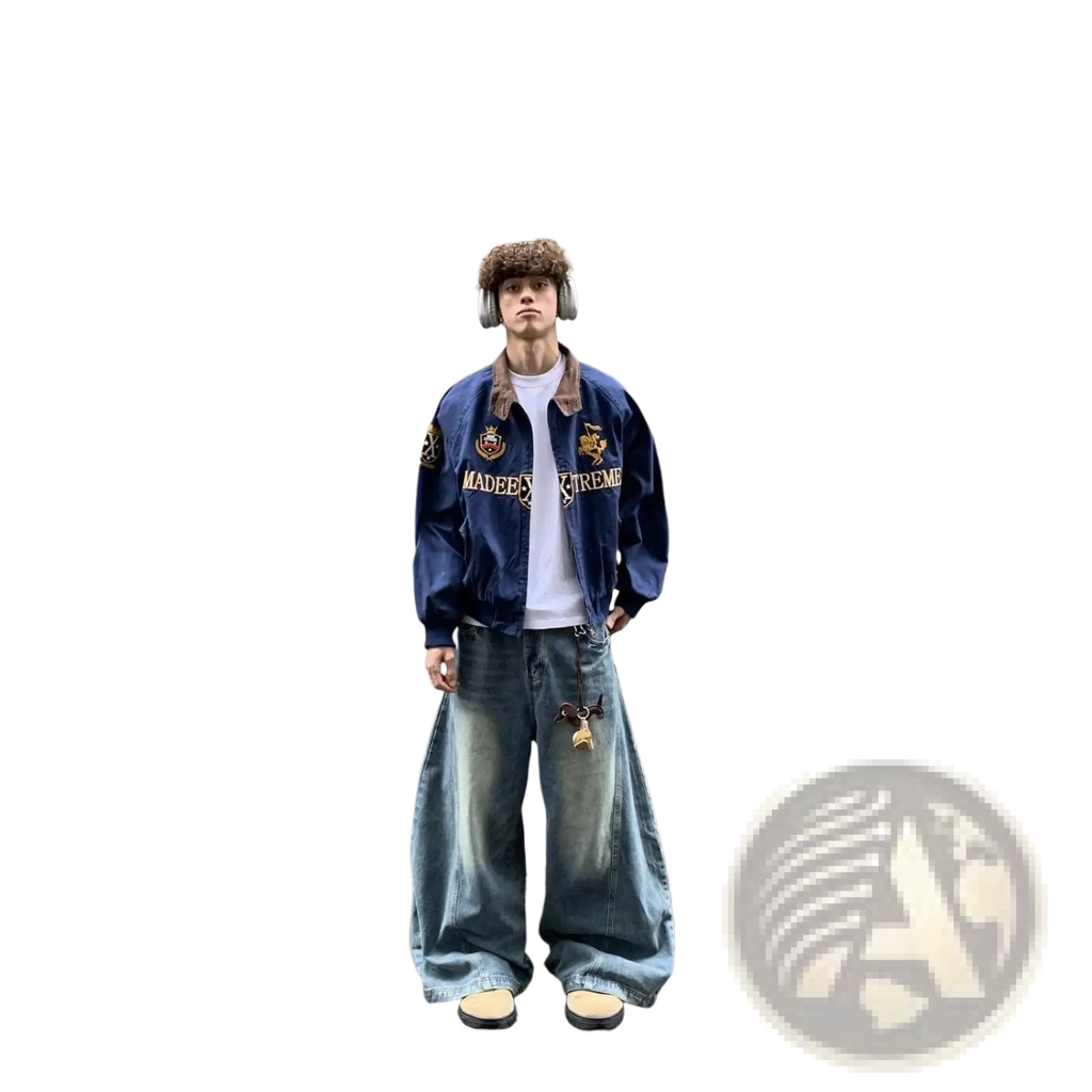 Navy blue cropped baseball jacket with brown fur collar and gold embroidered patches in bomber style