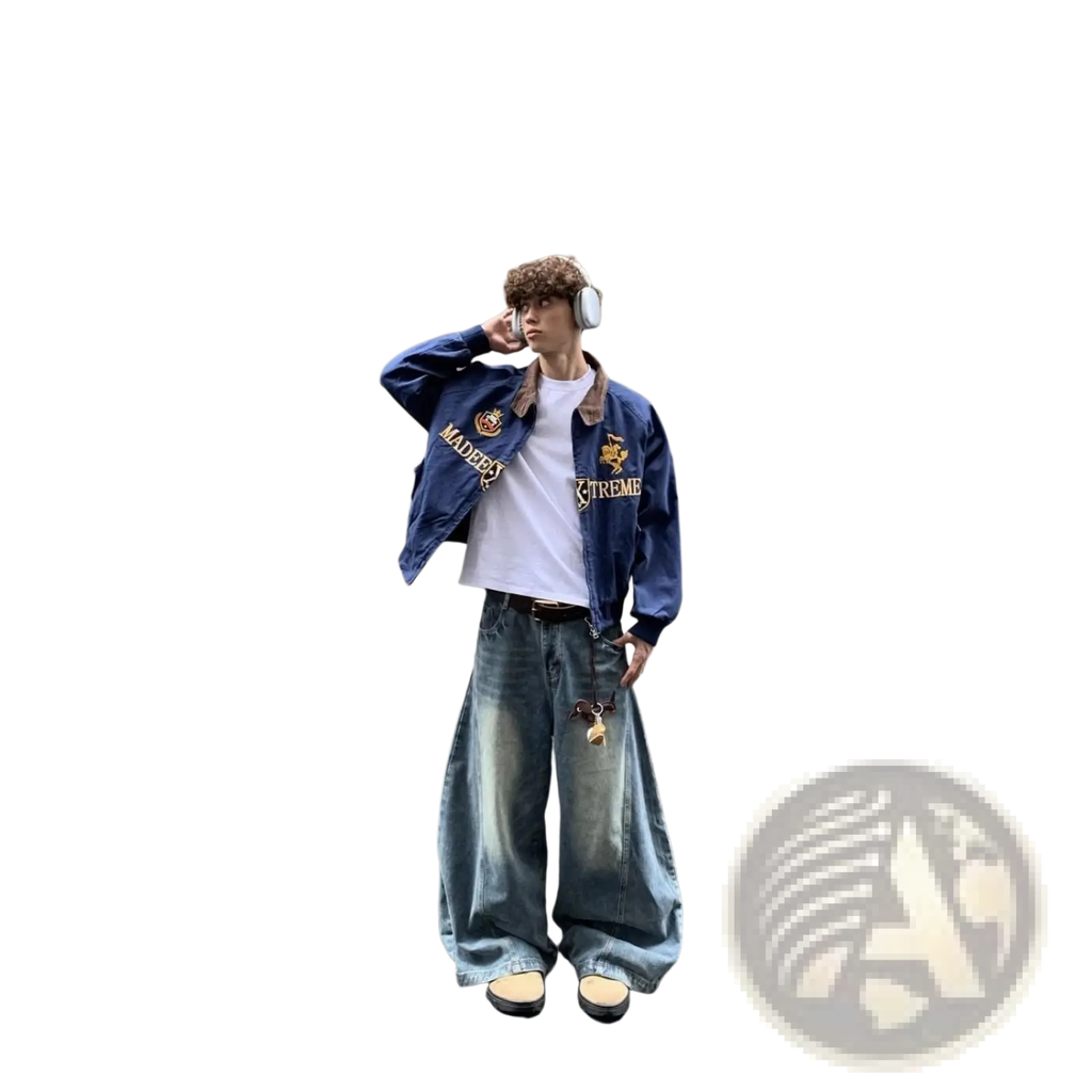 Navy blue cropped baseball jacket with embroidered patches and brown fur collar lining in blue denim material
