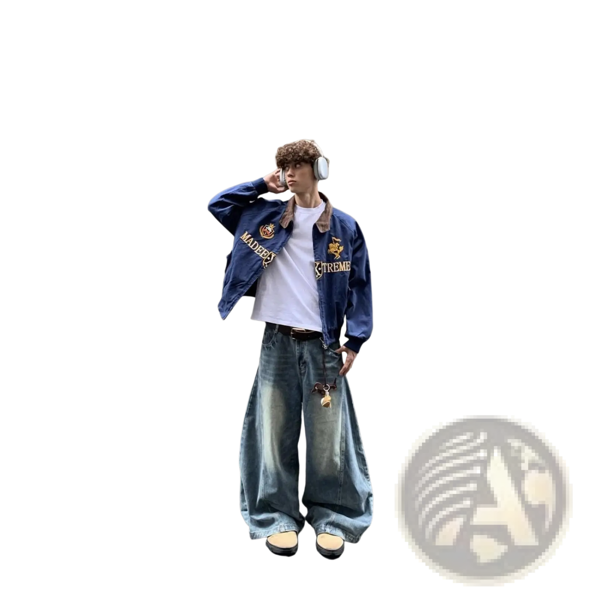 Navy blue cropped baseball jacket with embroidered patches and brown fur collar lining in blue denim material