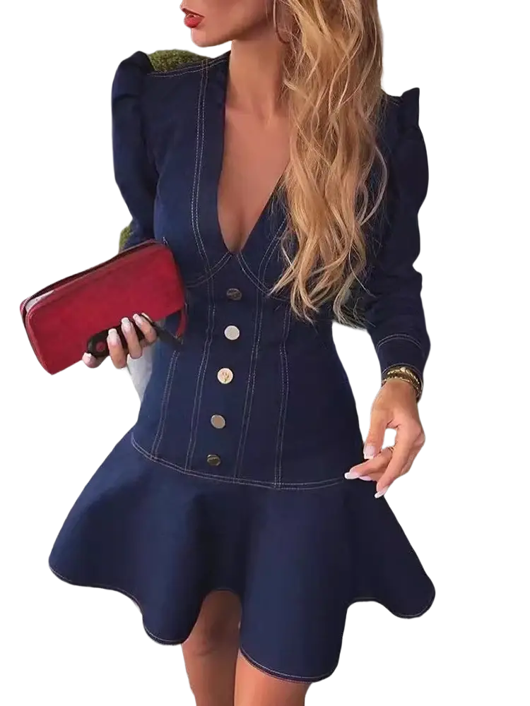 Navy blue denim mini dress with puff sleeves and a flared skirt for a stylish casual look