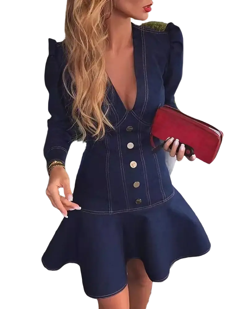Navy blue denim mini dress with puff sleeves and a flared skirt ideal for casual and semi-formal occasions