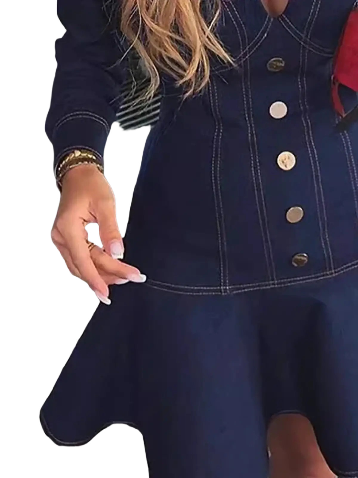 Navy blue denim mini dress featuring gold-toned buttons and contrasting stitching on durable cotton fabric