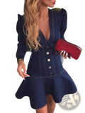 Navy blue denim mini dress with puff sleeves and a flared skirt ideal for casual and semi-formal occasions