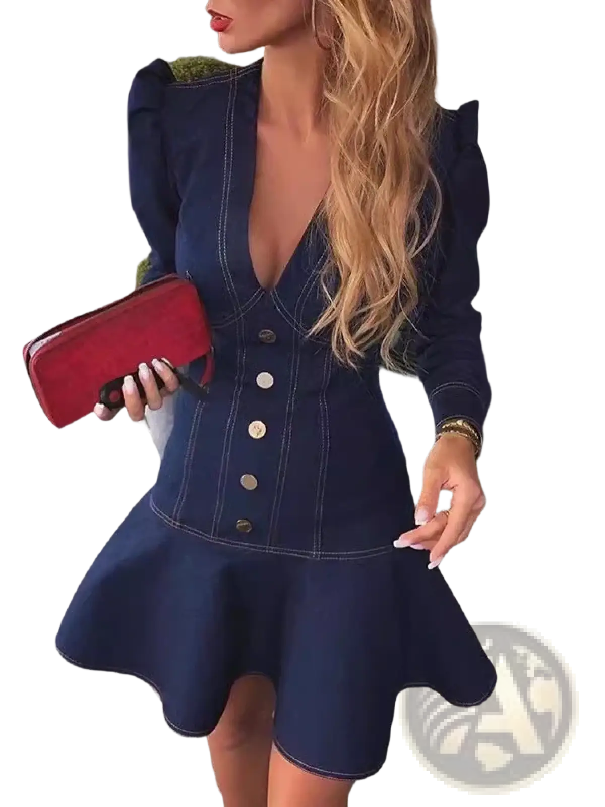 Navy blue denim mini dress with puff sleeves and a flared skirt for a stylish casual look