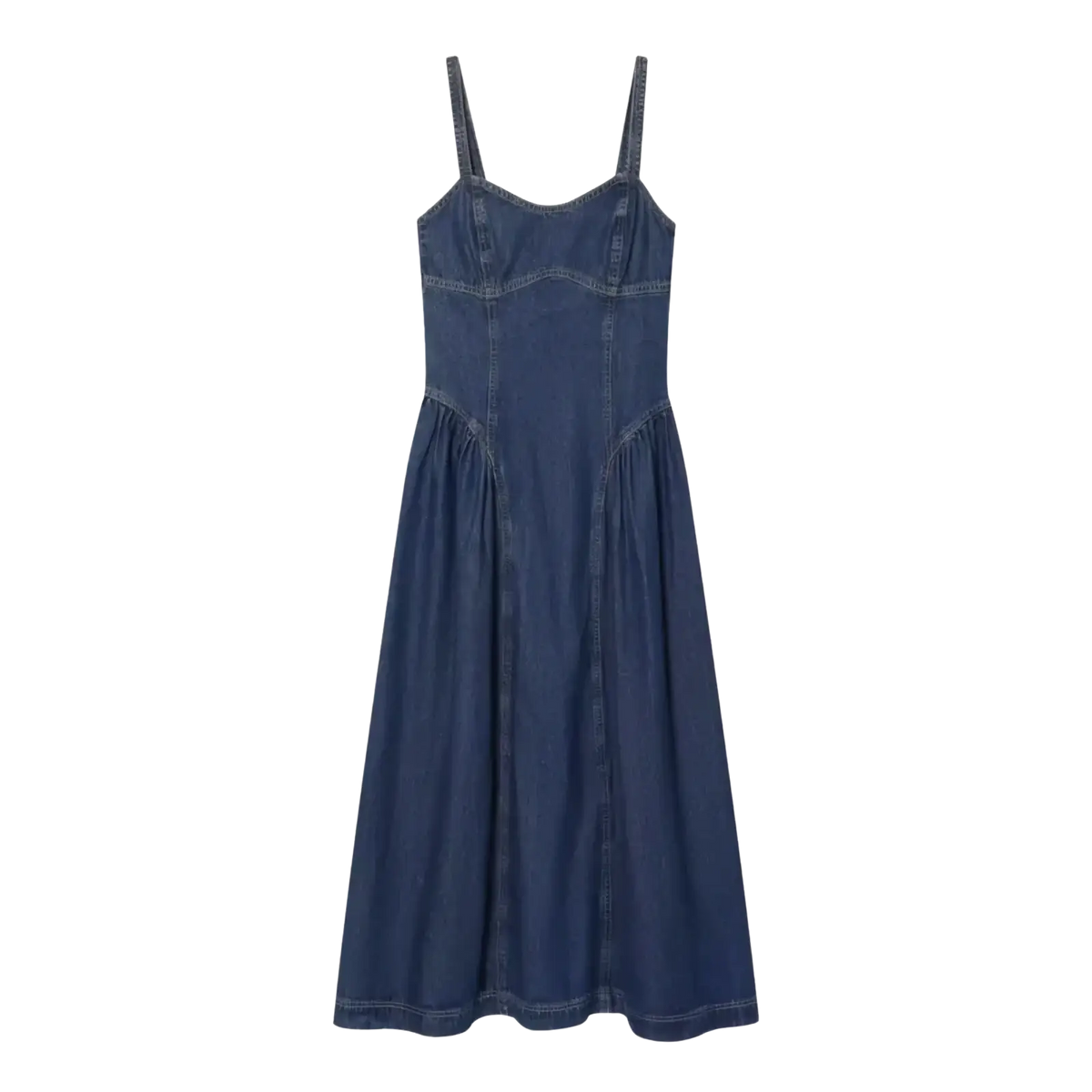 Navy blue denim slip dress with thin straps fitted bodice and a-line midi skirt for casual or semi-formal wear