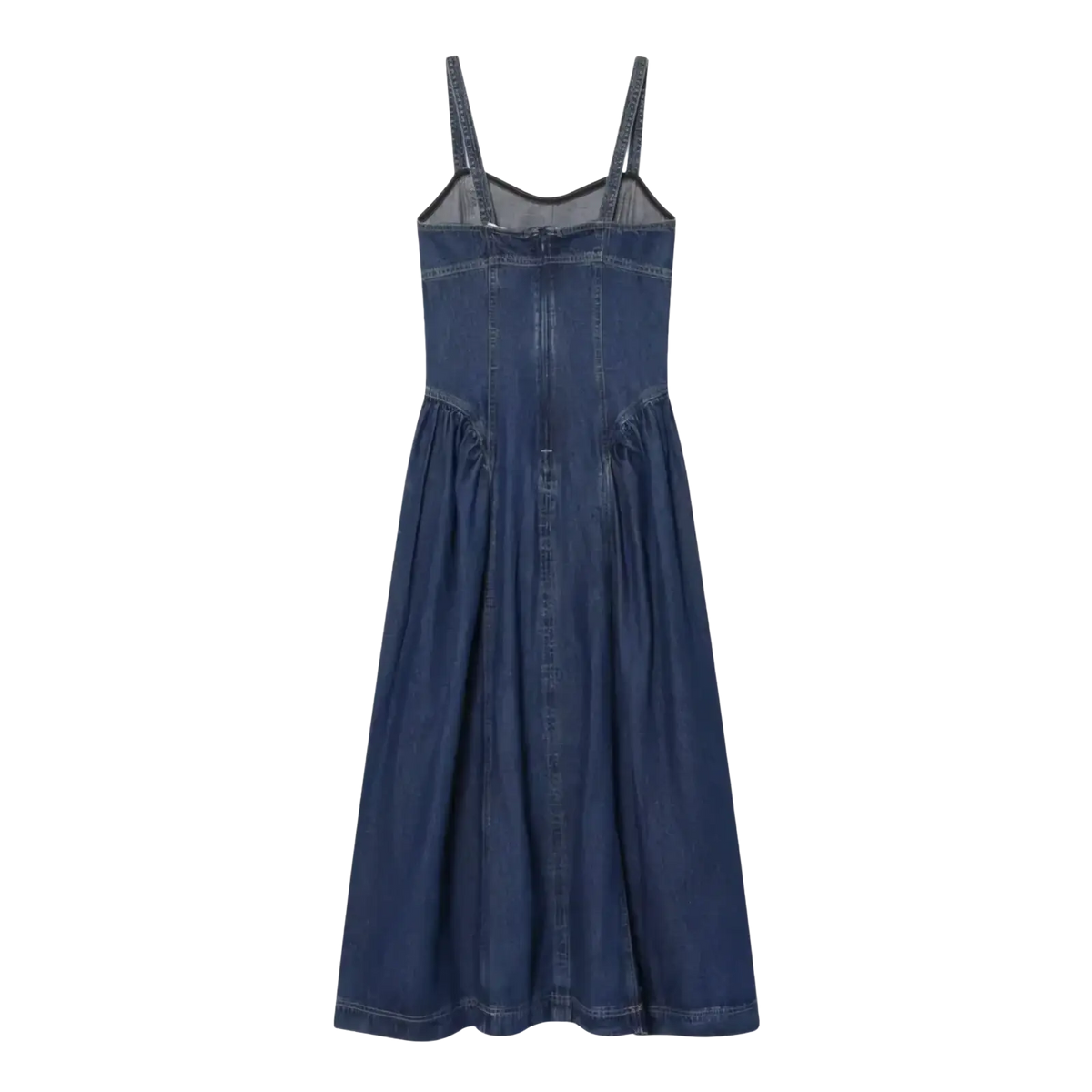 Navy blue denim slip dress with thin straps fitted bodice and a-line midi skirt for stylish casual wear