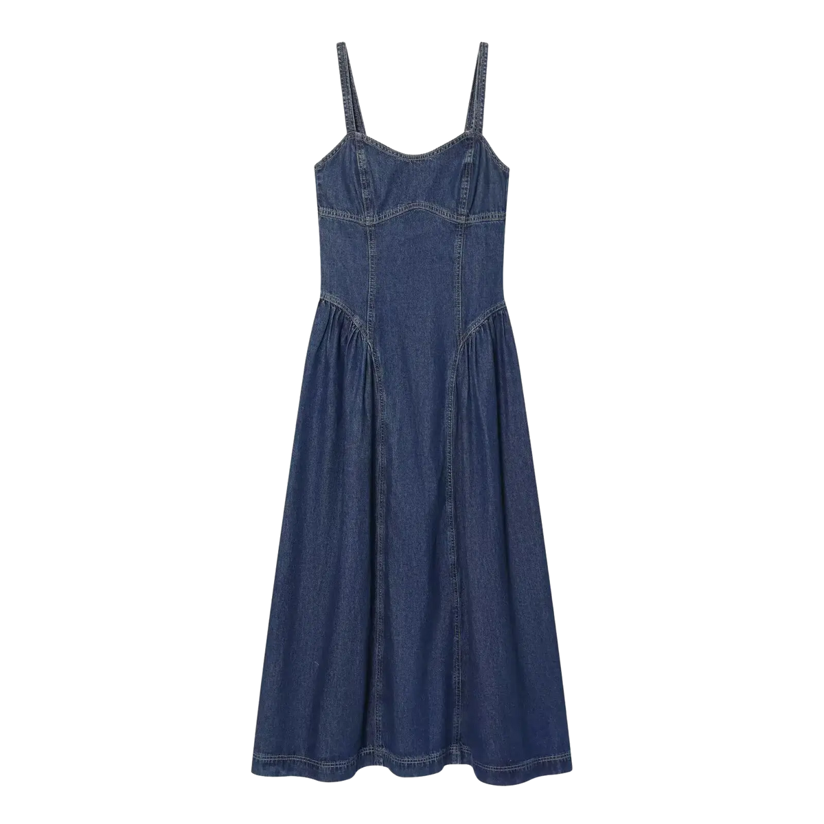Navy blue denim slip dress with thin straps fitted bodice and a-line midi skirt for stylish casual wear