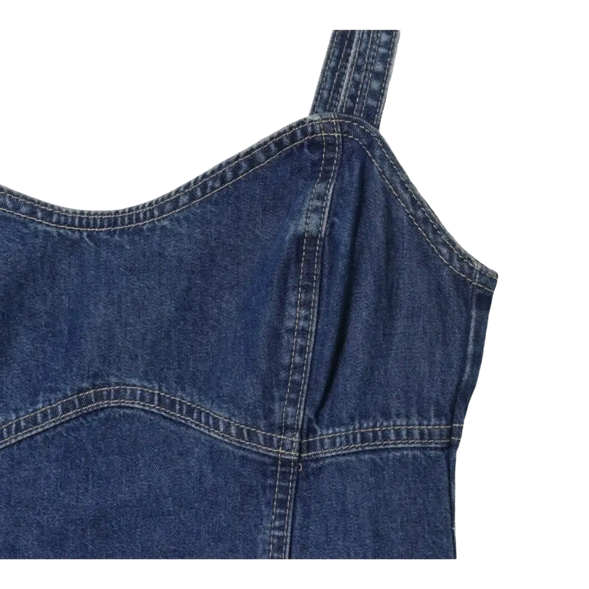 Navy blue denim slip dress with dark blue denim strap top visible stitching and fitted structured design