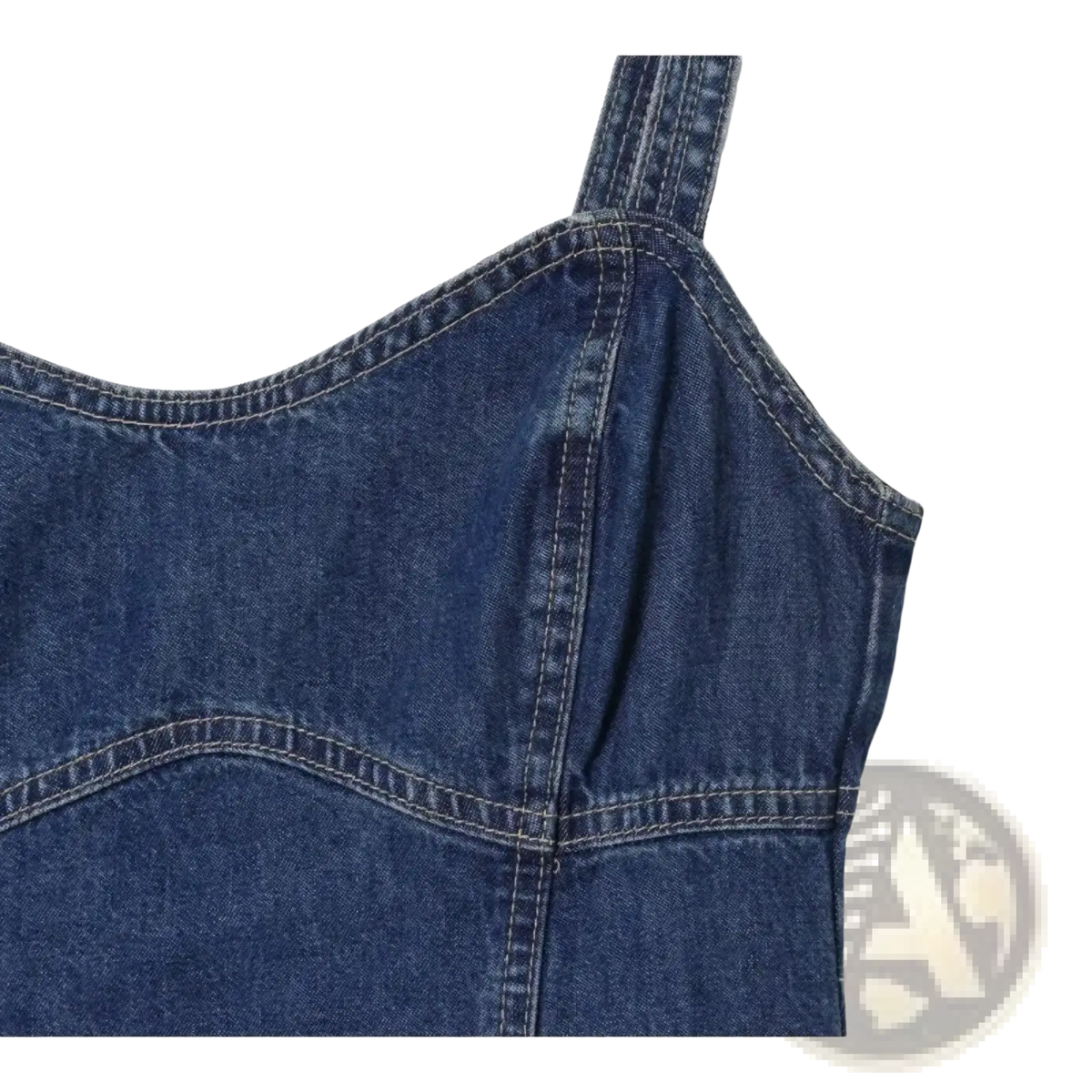 Navy blue denim slip dress with dark blue denim strap top visible stitching and fitted structured design