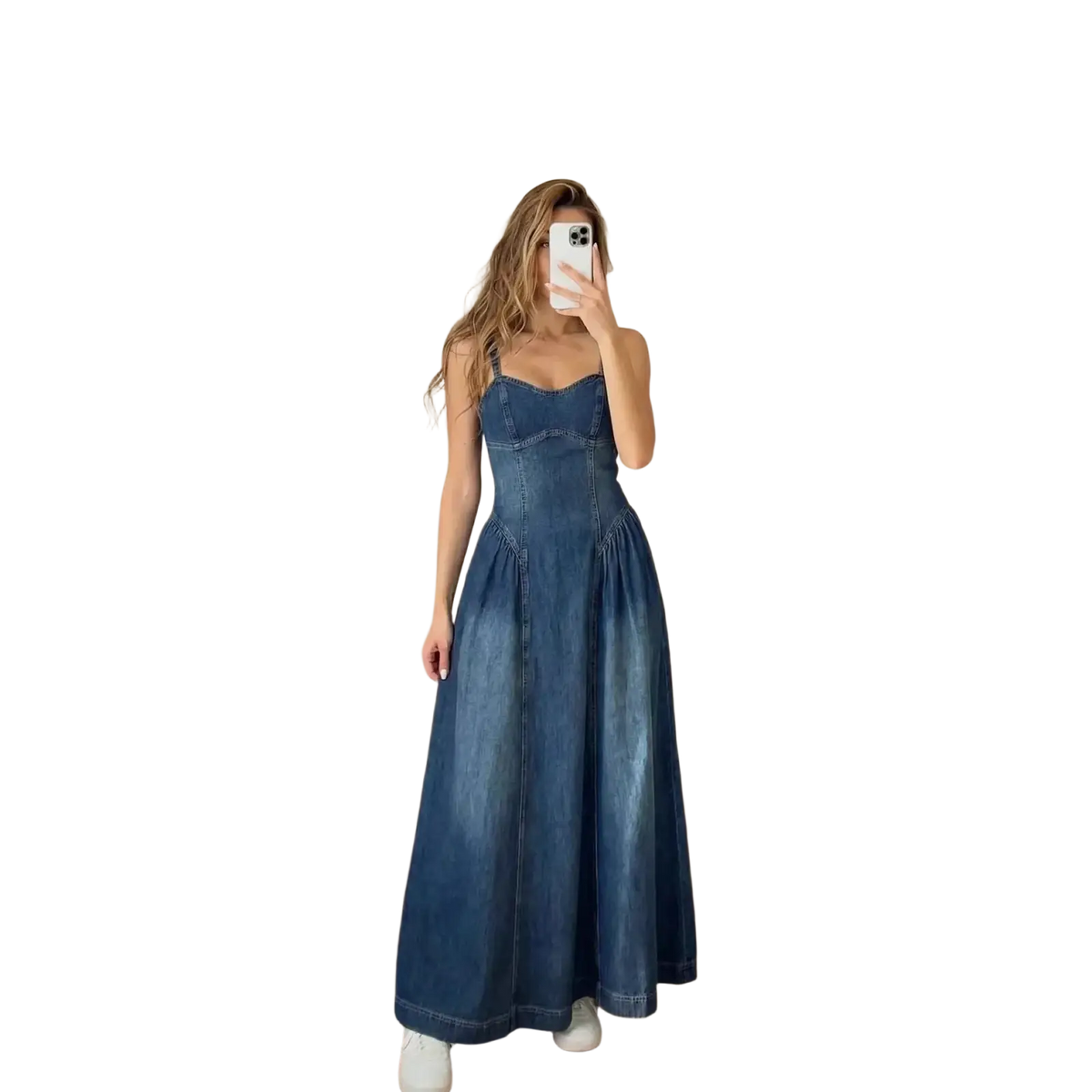 A navy blue denim slip dress with a fitted bodice and flared a-line midi skirt