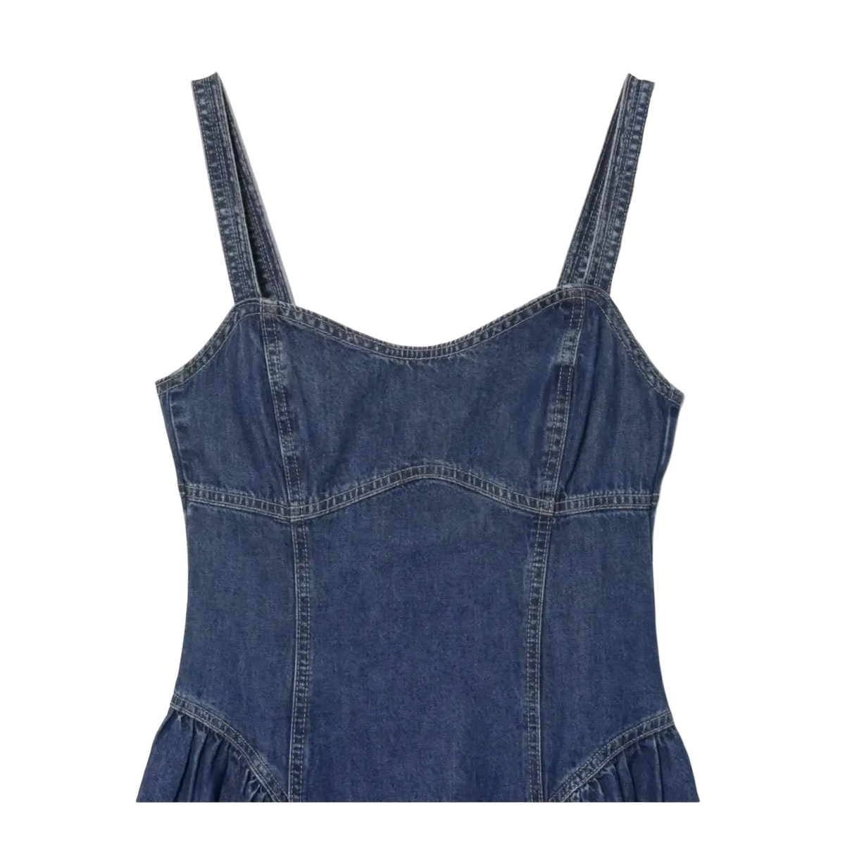 Navy blue denim slip dress with a fitted bodice and ruffled hem in an a-line midi silhouette