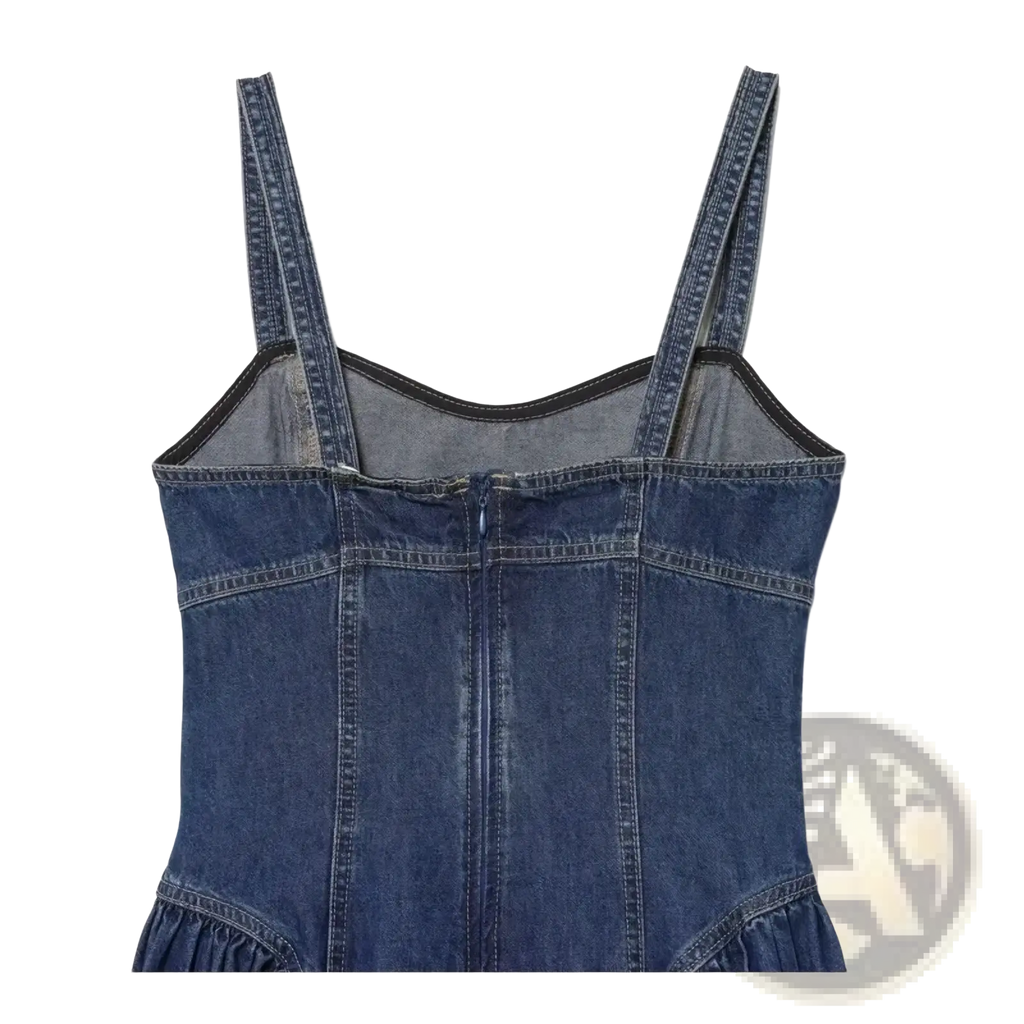 Navy blue denim slip dress a-line midi with blue denim strap top fitted bodice and ruffled hem front view