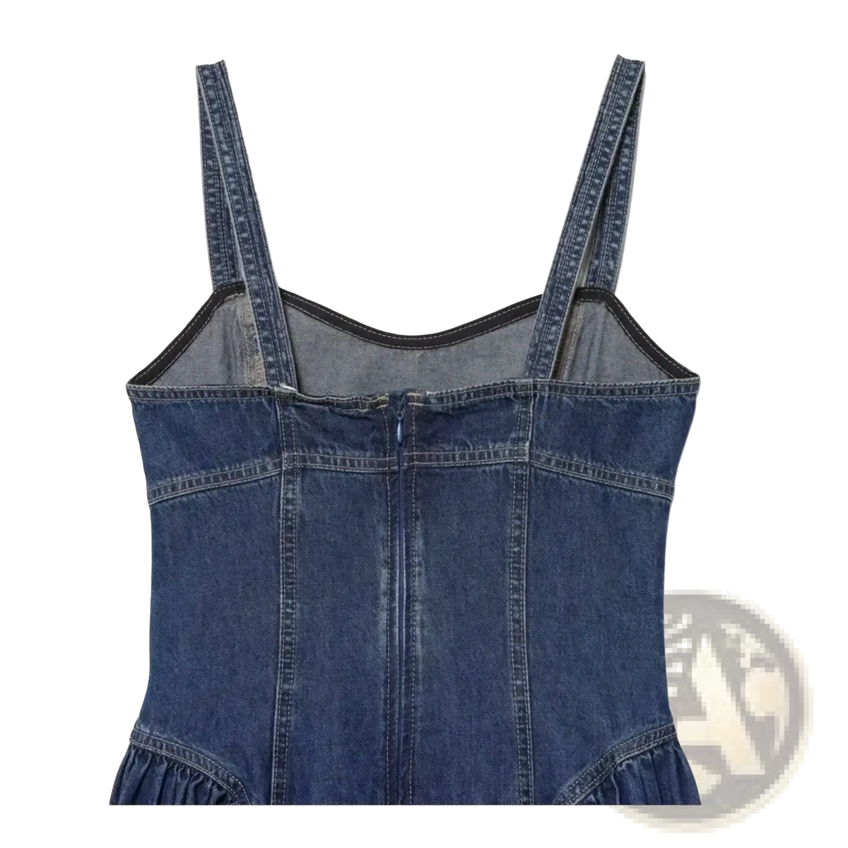 Navy blue denim slip dress a-line midi with blue denim strap top fitted bodice and ruffled hem front view