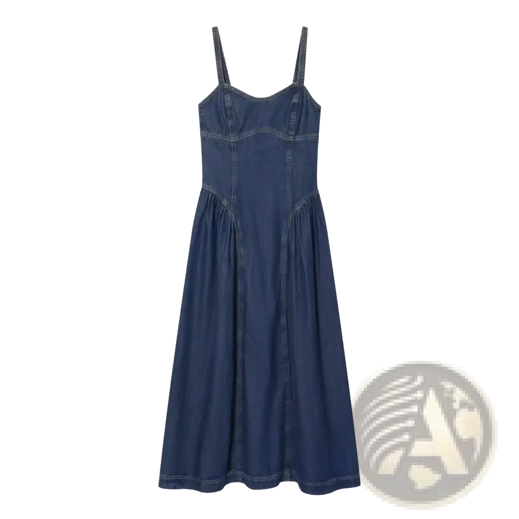 Navy blue denim slip dress with thin straps fitted bodice and a-line midi skirt for casual or semi-formal wear