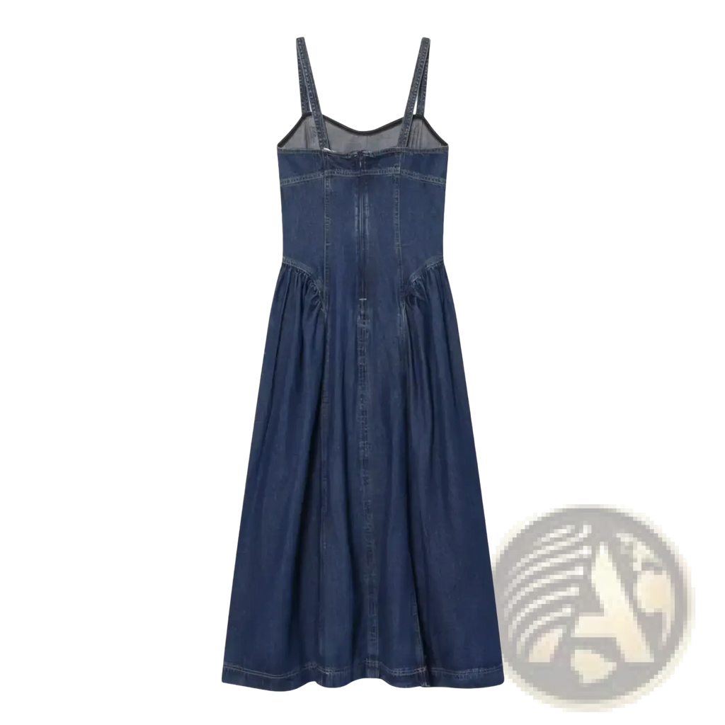 Navy blue denim slip dress with thin straps fitted bodice and a-line midi skirt for stylish casual wear