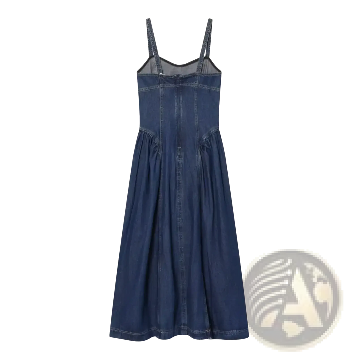Navy blue denim slip dress with thin straps fitted bodice and a-line midi skirt for stylish casual wear