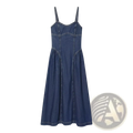 Navy blue denim slip dress with thin straps fitted bodice and a-line midi skirt for stylish casual wear